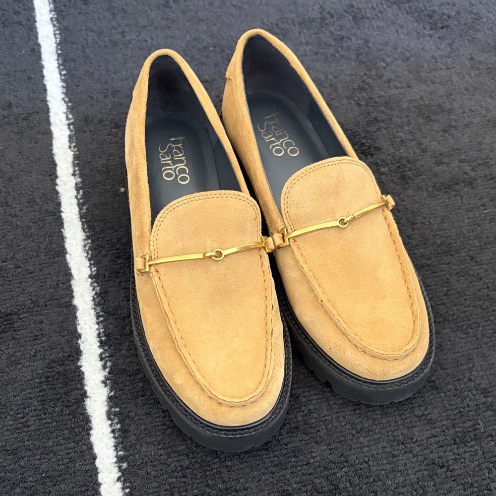 Franco Sarto Women’s Tan Suede Loafers with Gold Bit